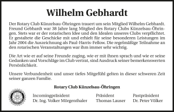 Traueranzeige von Wilhelm Gebhardt 