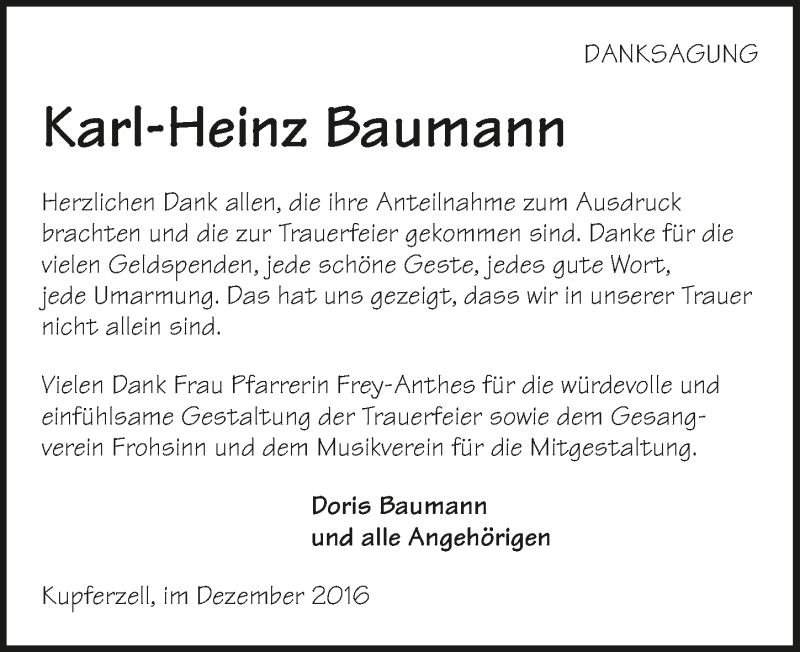  Traueranzeige für Karl-Heinz Baumann vom 06.12.2016 aus 