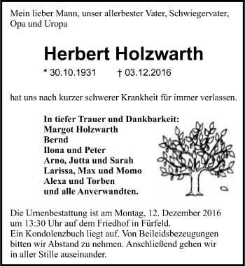Traueranzeige von Herbert Holzwarth 