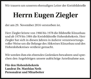 Traueranzeige von Eugen Ziegler 