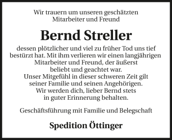 Traueranzeige von Bernd Streller 