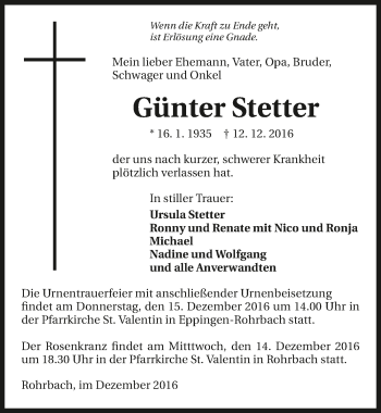 Traueranzeige von Günter Stetter 