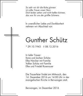 Traueranzeige von Gunther Schütz 
