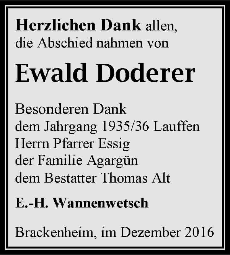  Traueranzeige für Ewald Doderer vom 28.12.2016 aus 