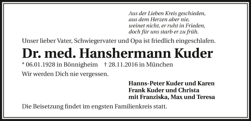  Traueranzeige für Hanshermann Kuder vom 02.12.2016 aus 
