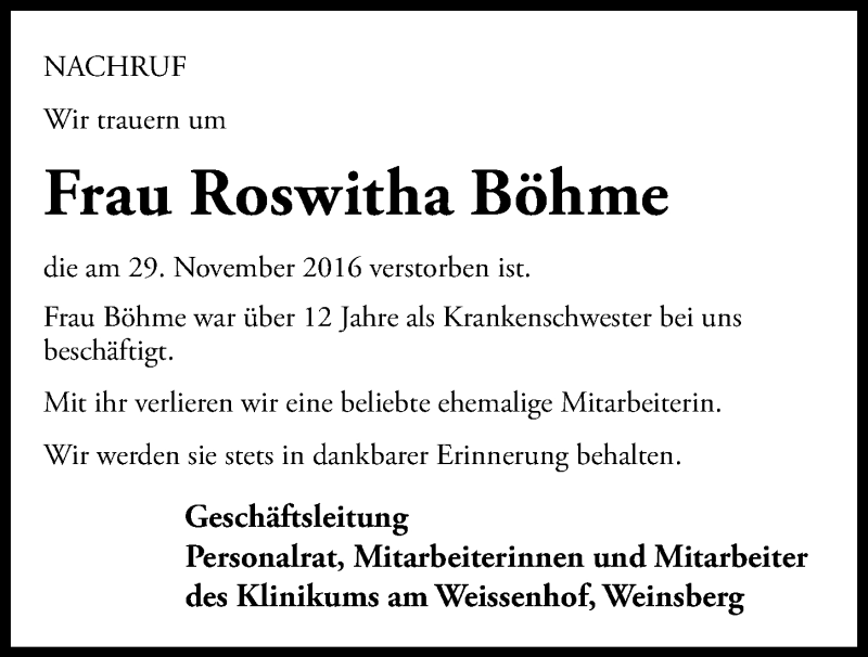 Traueranzeige für Roswitha Böhme vom 02.12.2016 aus 