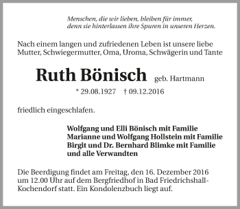 Traueranzeige von Ruth Bönisch 