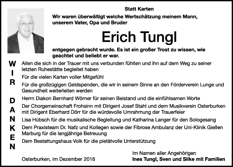  Traueranzeige für Erich Tungl vom 03.12.2016 aus 