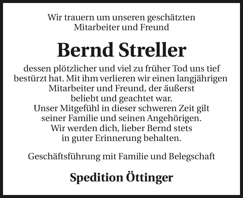  Traueranzeige für Bernd Streller vom 07.12.2016 aus 