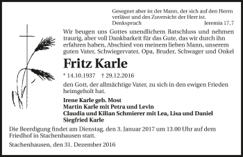 Traueranzeige von Fritz Karle 