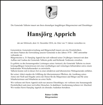 Traueranzeige von Hansjörg Apprich