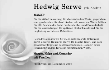 Traueranzeige von Hedwig Serwe 