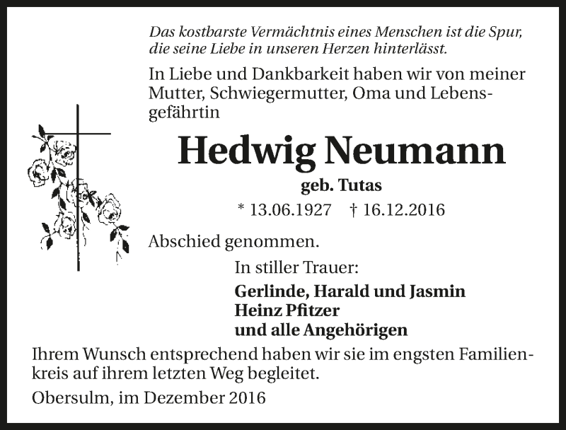  Traueranzeige für Hedwig Neumann vom 21.12.2016 aus 
