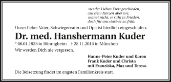 Traueranzeige von Hanshermann Kuder 