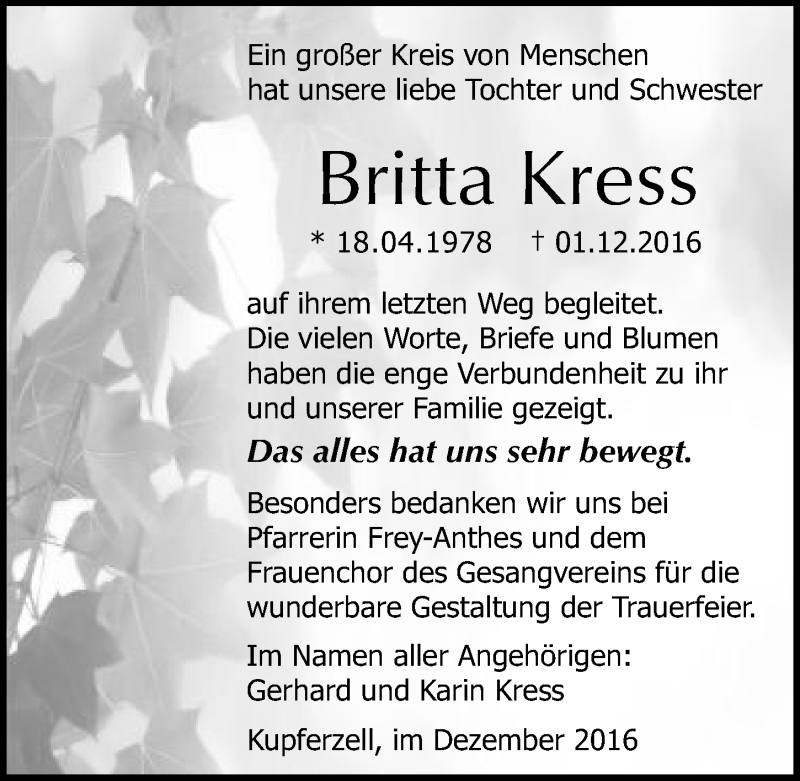  Traueranzeige für Britta Kress vom 29.12.2016 aus 