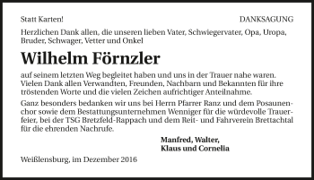 Traueranzeige von Wilhelm Förnzler 