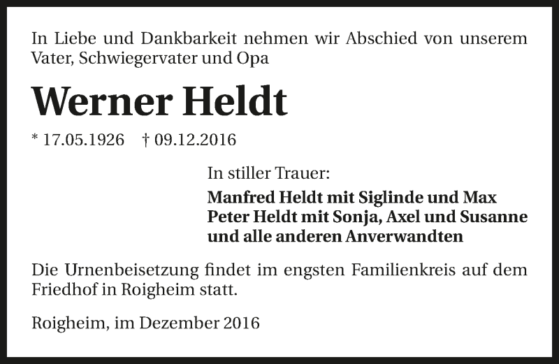  Traueranzeige für Werner Heldt vom 10.12.2016 aus 