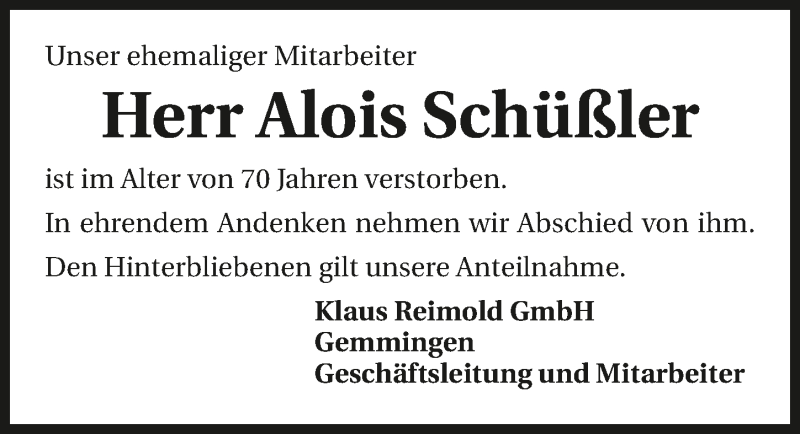  Traueranzeige für Alois Schüßler vom 03.12.2016 aus 