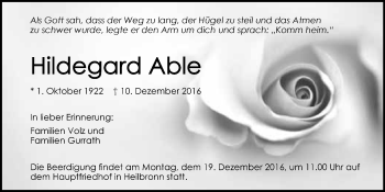 Traueranzeige von Hildegard Able 