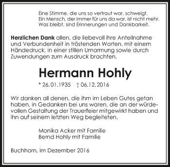 Traueranzeige von Hermann Hohly 
