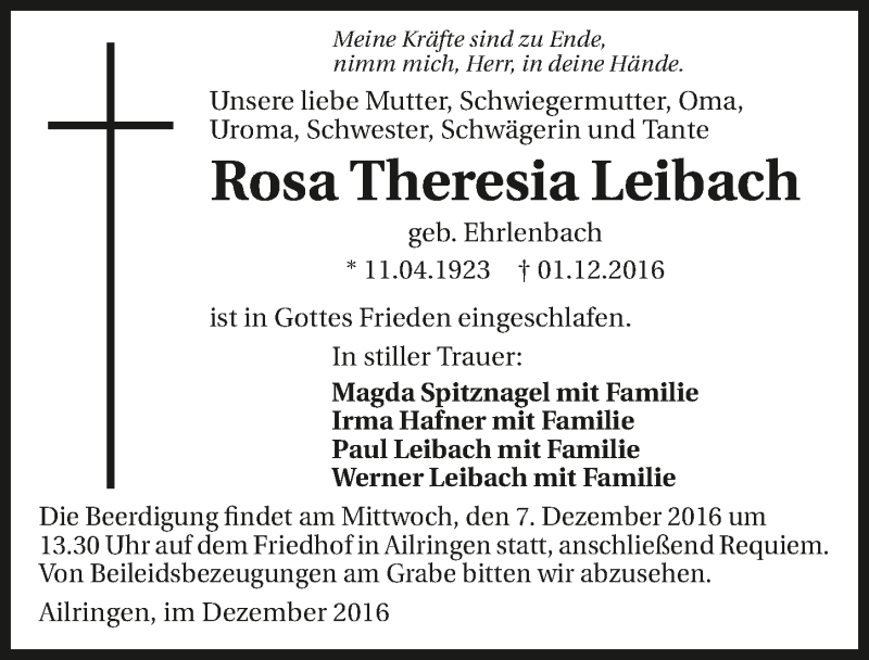  Traueranzeige für Rosa Theresia Leibach vom 03.12.2016 aus 
