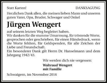 Traueranzeige von Jürgen Wengert 