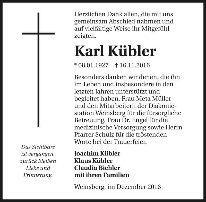  Traueranzeige für Karl Kübler vom 10.12.2016 aus 