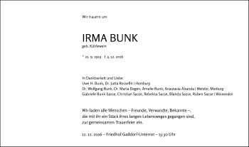 Traueranzeige von Irma Bunk 