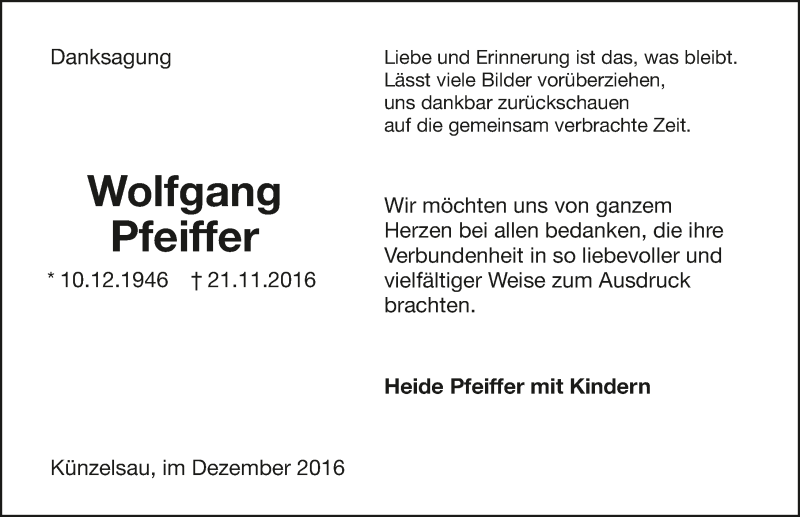  Traueranzeige für Wolfgang Pfeiffer vom 10.12.2016 aus 