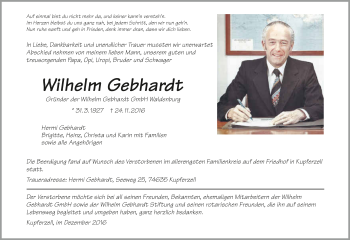 Traueranzeige von Wilhelm Gebhardt 
