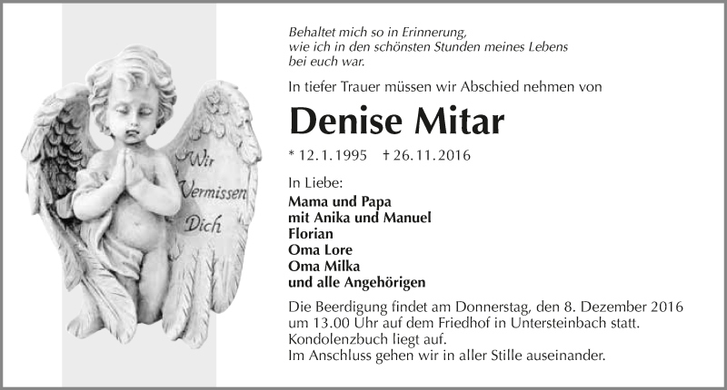  Traueranzeige für Denise Mitar vom 03.12.2016 aus 