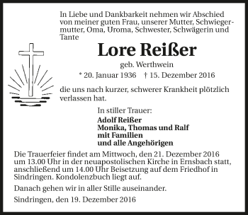 Traueranzeige von Lore Reißer 