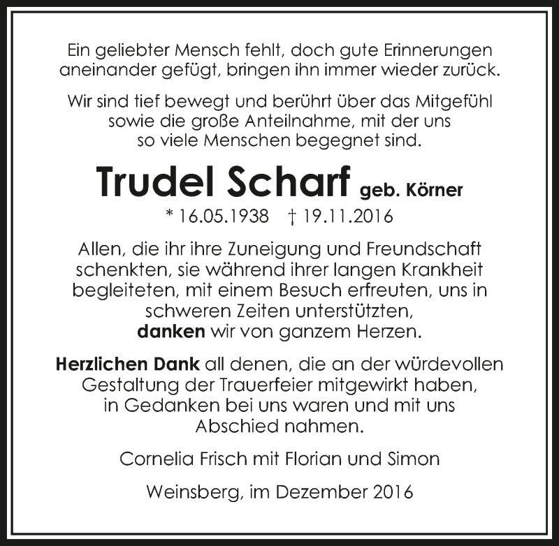  Traueranzeige für Trudel Scharf vom 14.12.2016 aus 