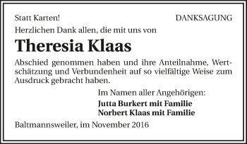 Traueranzeige von Theresia Klaas 