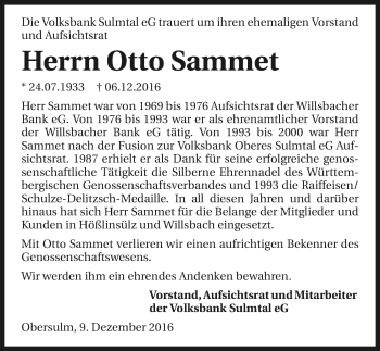 Traueranzeige von Otto Sammet 