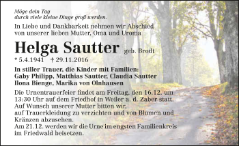 Traueranzeige von Helga Sautter 
