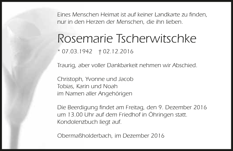  Traueranzeige für Rosemarie Tscherwitschke vom 05.12.2016 aus 