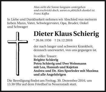 Traueranzeige von Dieter Klaus Schierig 