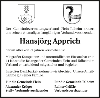 Traueranzeige von Hansjörg Apprich 
