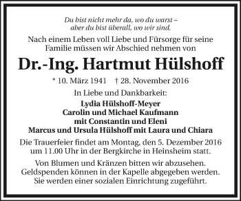Traueranzeige von Hartmut Hülshoff 