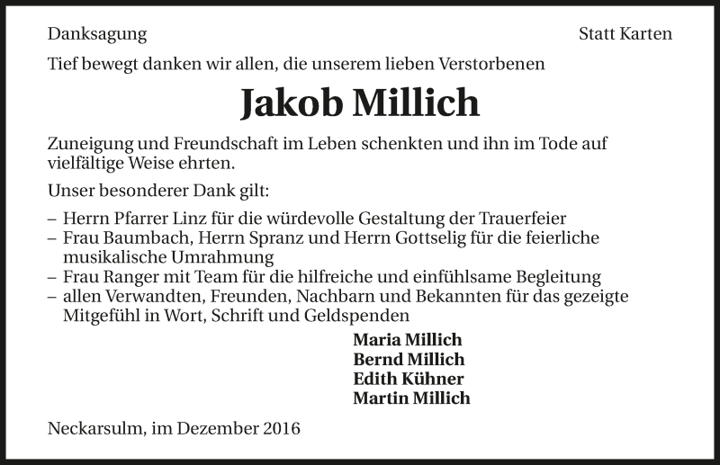  Traueranzeige für Jakob Millich vom 03.12.2016 aus 