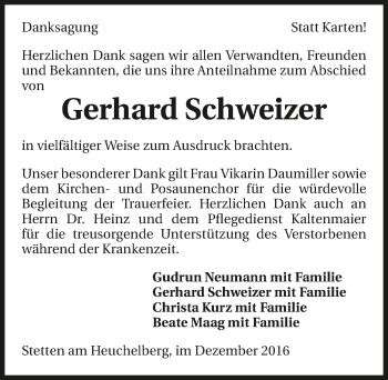 Traueranzeige von Gerhard Schweizer 