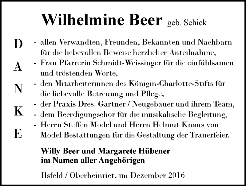  Traueranzeige für Wilhelmine Beer vom 23.12.2016 aus 