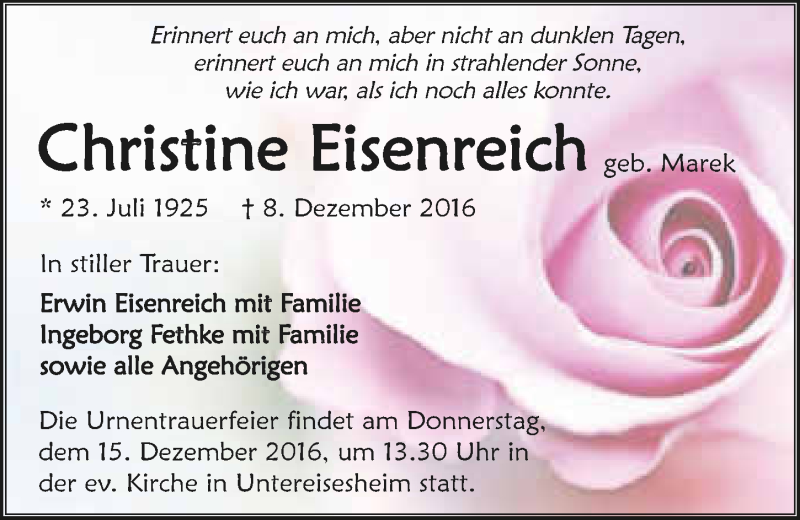  Traueranzeige für Christine Eisenreich vom 12.12.2016 aus 
