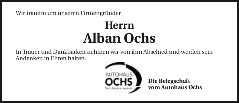  Traueranzeige für Alban Ochs vom 16.12.2016 aus 
