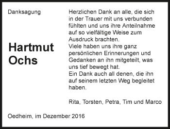 Traueranzeige von Hartmut Ochs 