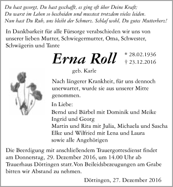 Traueranzeige von Erna Roll 