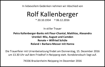 Traueranzeige von Rolf Kallenberger 