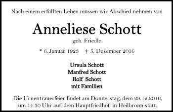 Traueranzeige von Anneliese Schott 