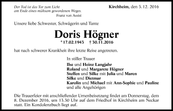 Traueranzeige von Doris Högner 